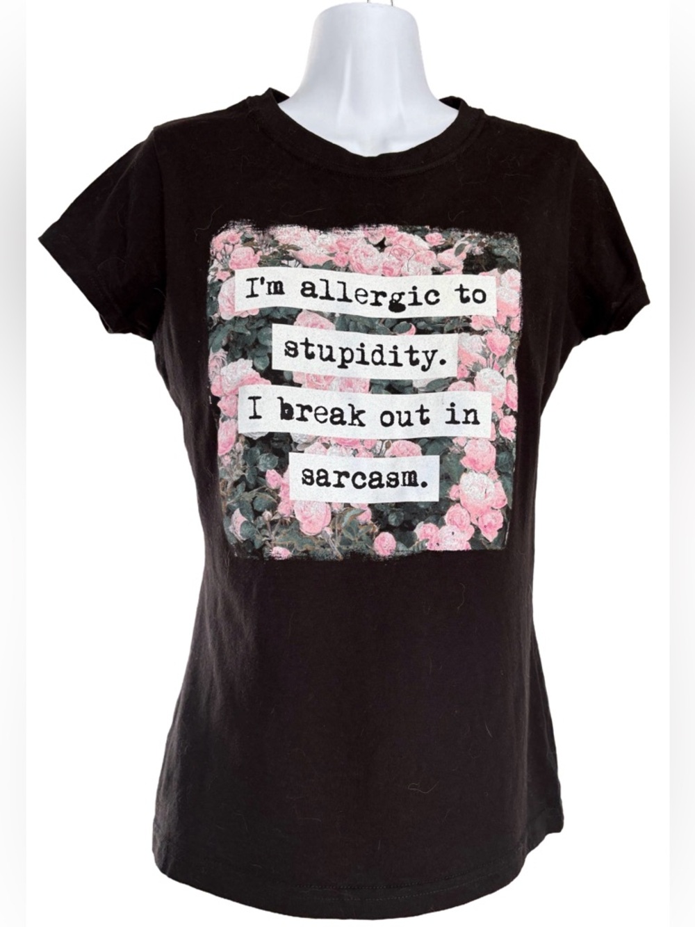 Black Matter Black Tee with Pink Floral Sarcasm Print